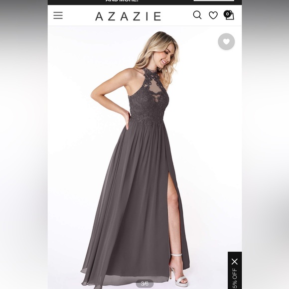 Azazie Prue Dress - “A Line” Lace Chiffon Floor Length - Steel Gray - Size 6 - Picture 3 of 11